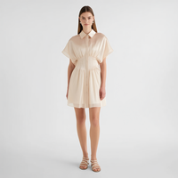Robe d'été plissée courte en A, couleur ivoire, avec col chemise, manches courtes, boutonnage frontal et taille smockée, pour femme, vente en gros sur mesure