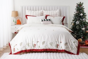 Thêm Dài Staple Chải Bông Giáng Sinh Trang Trí Nội Thất Thực Vật In Màu Đỏ Ruffle Bện Trim Duvet Cover Set Với Bông Tuyết Thêu - Product Image 6