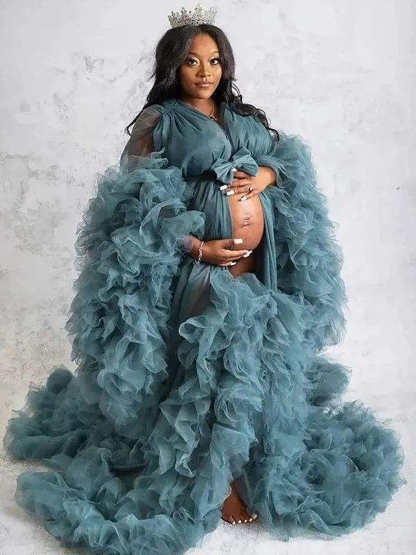 Fluffy Tiered Ruffle Maternity Dress For Baby Shower Photoshoot, Oem