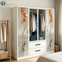 Armoire en fer démontable avec miroir et tringle de suspension, coffre-fort intégré, 4 portes coulissantes