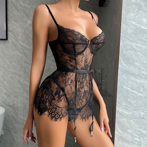 Wholesale Fashion High Quality See Through Eyelash Lace Lingerie <b>Set</b> Hot Sell <b>Suspender</b> Skirt Bra Brief <b>Set</b> - Product Image 3