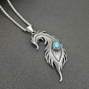 Collier avec pendentif plume en acier inoxydable avec pierre turquoise, bijoux de mode unisexe - Product Image 1