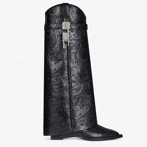 Women High Heel Wedge Wide Calf <strong>Boots</strong> Pointy Toe Shark Lock Printed <strong>Trouser</strong> <strong>Boots</strong> for Men - Product Image 1