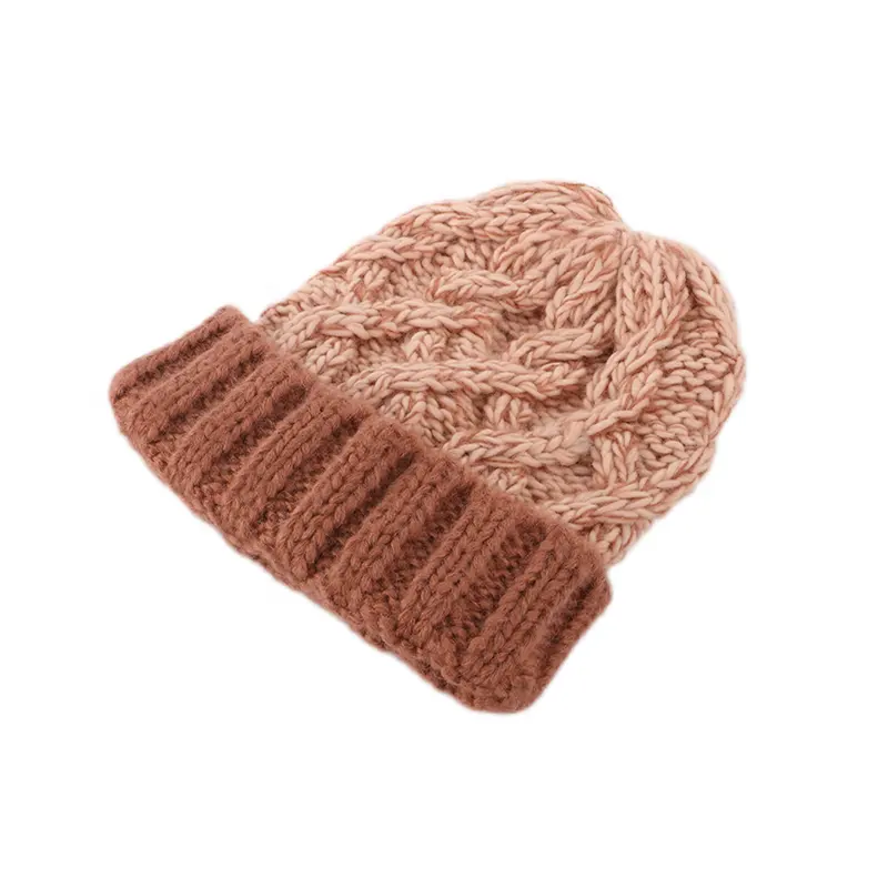 High Quality 100% Acrylic Thick Two Tone Cable Chunky Knit Skully Beanie Hat For Women Men