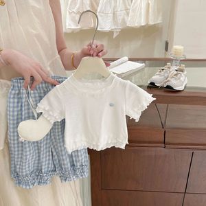 Girls Ruffled Short Sleeve T-Shirt Top Cotton Breathable Summer Korean Style Two Piece Set With Pants <b>Checkered</b> Solid Color - Product Image 1