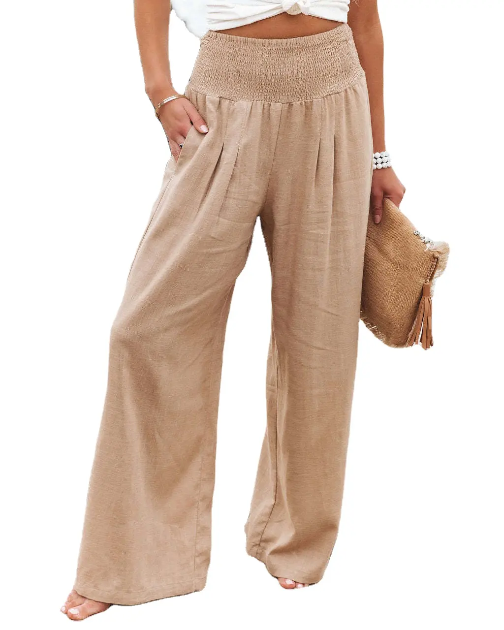Women's Casual High Waisted Colourful Women Pants Summer Beige Formal Pants For Women Wide Leg Trousers V054-1