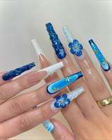 Uñas Postizas Extra Largas Tipo Ataúd al por Mayor, con Diseño 3D de Flor Azul, Uñas Artificiales, Suministros para Uñas con Etiqueta Privada Personalizada
