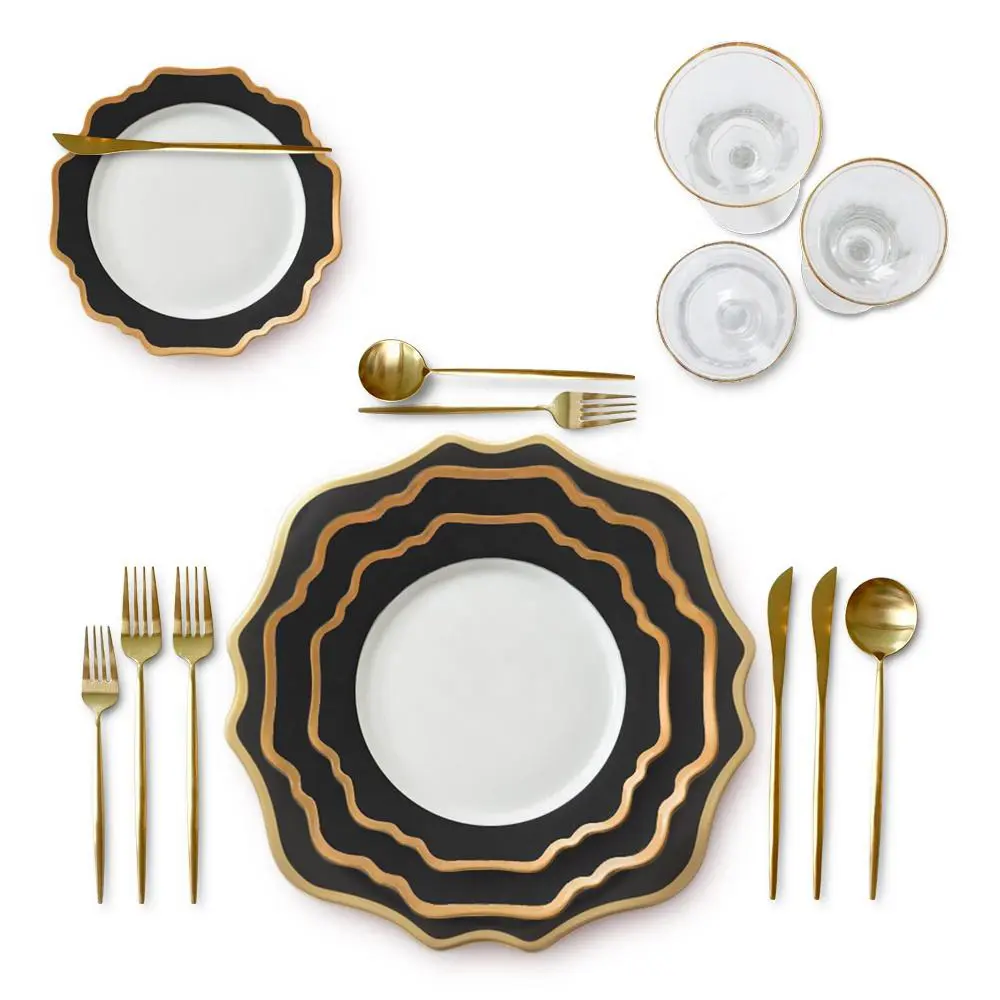 Best Verkopende Zwarte Keramische Gouden Rand Porseleinen Dinersets Bone China Serviesgoed Sets Bruiloft Decoratie Oplader Plaat Voor Evenementen