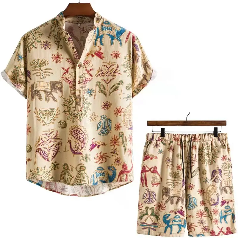Amazon Hot Sale Casual Cotton Linen Comfortable Breathable Printed Resort Set Men's Shirt + Shorts Hawaii Suit