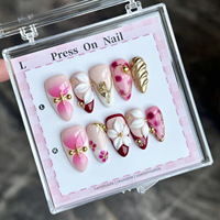 Magnifiques faux ongles à presser, faits main, avec fleurs 3D, ongles artificiels à poser, ongles en gel.