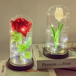 Decorative Gift Flowers Artificial Tulip In Glass Dome With Led Light Festival Mother's Day Flowers Artificial Flower In Glass