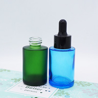 Flacons compte-gouttes en verre de luxe de 10 ml, à épaule plate, vert dépoli et bleu transparent, 1 oz