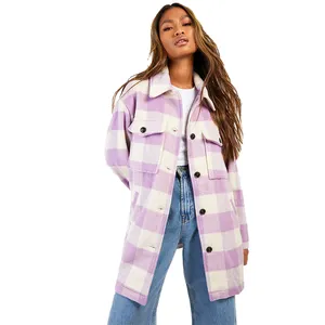 2023 hot trending purple white checked flannel long jacket for ladies girls customize plaid stylish flannel shacket