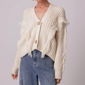 Maglione corto <span class=keywords><strong>con</strong></span> finiture <span class=keywords><strong>con</strong></span> <span class=keywords><strong>frange</strong></span> Beige lavorato a <span class=keywords><strong>maglia</strong></span> Cardigan <span class=keywords><strong>con</strong></span> bottoni e Design testurizzato per la moda Casual Boho - Product Image 1