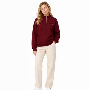 Envío Rápido En Stock Sudadera Oversize de Mujer con Media Cremallera, Color Liso, Forro Polar, Bordado, Estilo Urbano - Product Image 1