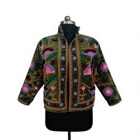Jaket Bomber Rajut Beludru Ringan Ramah Lingkungan Warna Hijau untuk Musim Dingin, Bordir Bunga, Kerah Tegak, Ukuran Reguler, Motif Bunga untuk Wanita