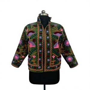 Blouson bomber brodé floral vert pour femme, col montant, coupe classique, doublure en coton - Product Image 1
