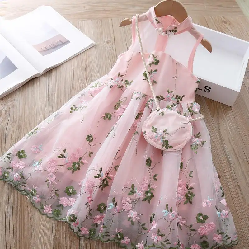 Girls dress 2023 spring new female baby Hanfu cheongsam dress super fairy summer floral net yarn princess dress