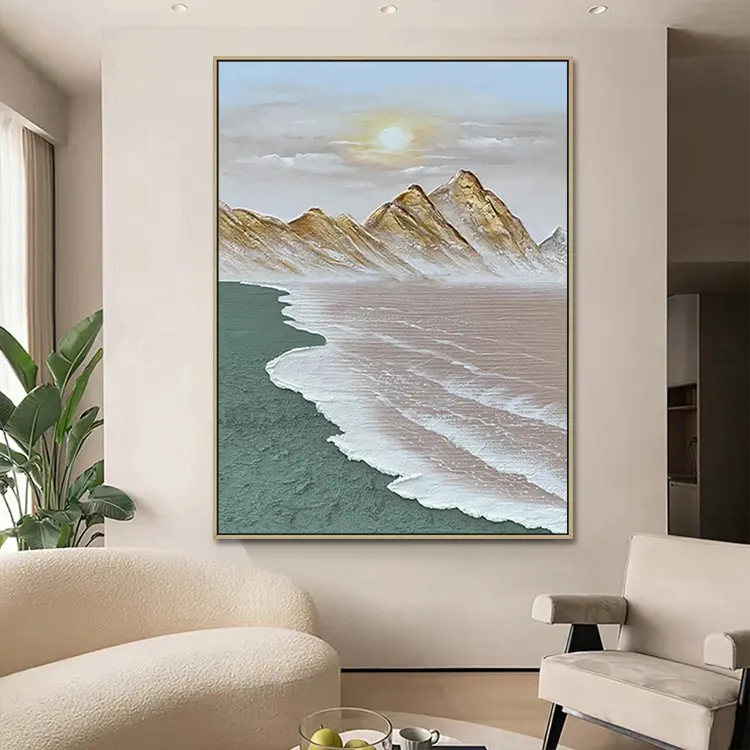 กลางแจ้ง Lake ผ้าใบงานศิลปะ Handmade บทคัดย่อทิวทัศน์ภูเขาทอง Wall Art อะคริลิค 3D ภาพวาดภูมิทัศน์
