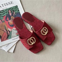Damen Echtleder Slide-Sandalen Atmungsaktiv Rutschfest Leichtgewichtig Bedruckt Metallakzent Flache Sohle Offene Modische Trendige Schuhe