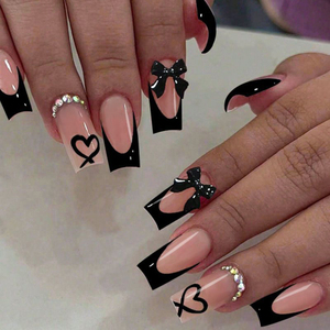 Faux Ongles Français Moyens Bordure Noire Décoration <span class=keywords><strong>Strass</strong></span> Nœud Papillon Ongles 3D Kit d'Ongles à Presser - Product Image 1