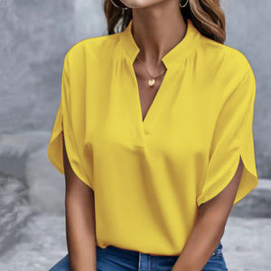 Ropa de verano Color sólido Top de manga corta Camisa de mujer Blusas de carrera casuales Ropa de oficina elegante para mujer - Product Image 4