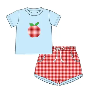 2024 New Design Back To School Kids Clothing Apple Applique Boys Clothing Set