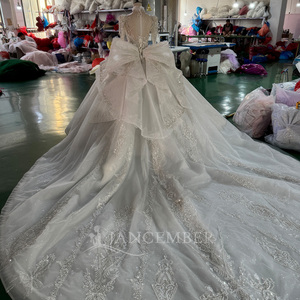 Mc052 Boat Neck off the Shoulder Party Wedding Dress Organza <b>Ball</b> Gown with Chapel Train Appliques Natural Waistline for - Product Image 6