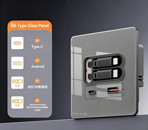 Prise murale en verre de type 86 du groupe YuHe avec 1 port USB Type-C, 1 port USB A, câble rétractable intégré, style moderne - Product Image 1