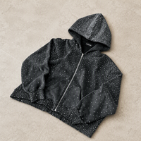 Sweat à capuche zippé personnalisé en molleton bouclette 420 GSM pour homme, 100 % coton, délavé à l'acide, strass sur toute la surface, coupe oversize, style streetwear vintage, OEM ODM