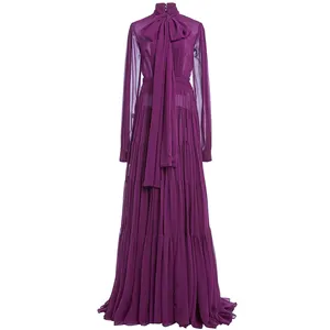 Produsen pakaian gaun maxi wanita kualitas premium MOQ rendah gaun panjang lantai sifon ungu warna polos