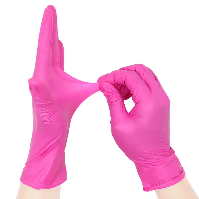 Guantes de nitrilo de limpieza Guantes impermeables a prueba de aceite Guantes de nitrilo desechables sin polvo de color rojo rosa Caja de 100 piezas para el hogar