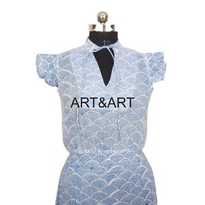 Hermoso Vestido de Algodón Estampado a Mano con Bloques Indios para Mujer, Nuevo Diseño con Escote en V de Encaje, Natural y Ecológico para Ocasiones Especiales - Product Image 1