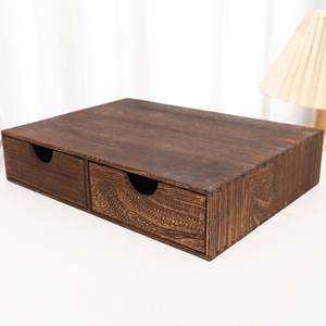 Wooden Desktop Organizer Double <b>Drawer</b> <b>Storage</b> <b>Box</b> For Office Books And Miscellaneous Items Rectangle Standing Type Solid Color - Product Image 2
