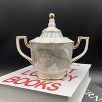 Délicat marbrure décalcomanie anglais après-midi thé émail Royal ensembles de thé en céramique dessin à la main véritable or jante théière 4 pièces café thé C