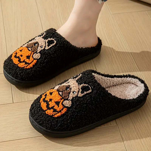 Pantuflas bordadas <span class=keywords><strong>de</strong></span> perro <span class=keywords><strong>de</strong></span> calabaza <span class=keywords><strong>de</strong></span> <span class=keywords><strong>Halloween</strong></span>, toboganes <span class=keywords><strong>de</strong></span> invierno <span class=keywords><strong>de</strong></span> piel sintética para otoño, hogar, comodidad interior - Product Image 4