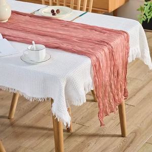 Chemin de table en voile froissé avec franges à pompons, style bohème, nappe pour décoration de mariage, vente en gros - Product Image 4