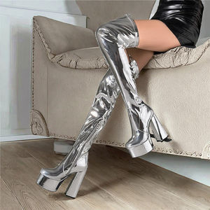 Botas Vaqueras de Mujer Hechas a Mano, Plateadas Cromadas, por Encima de la Rodilla, Tacones de Bloque de 14.5 cm, Zapatos de Baile Exótico para Cosplay, Talla Grande, Otoño - Product Image 2