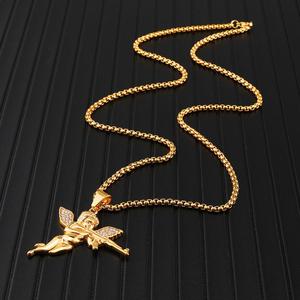 Collar de Cadena Cubana con Colgante de Ángel en Acero Inoxidable Dorado, Estilo Hip-hop <span class=keywords><strong>Rock</strong></span>, Guerra y Paz - Product Image 3