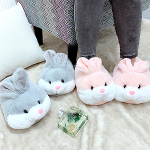 Zapatillas de casa con piel de conejo para mujer, calzado cálido de felpa con diseño de dibujos animados, color rosa, para interiores, para invierno - Product Image 4