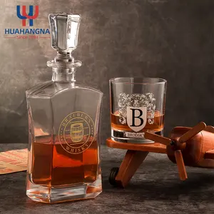 Custom Logo Engraved Liquor 25 Oz Personalized Glass Whiskey Decanter Set With Square Rocks Glasses For Men Birthday Gift