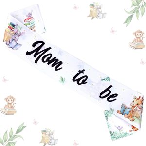 Écharpe de décoration pour baby shower <span class=keywords><strong>sur</strong></span> le thème du <span class=keywords><strong>livre</strong></span> d'histoires : Écharpe « Future maman » avec animaux de <span class=keywords><strong>la</strong></span> forêt pour un nouveau chapitre commençant - Product Image 1