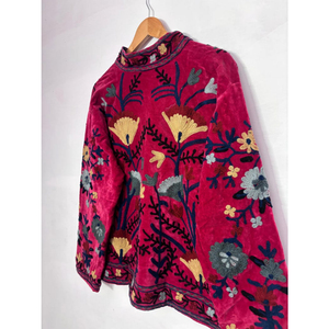 <b>Women</b> Burgundy Red Velvet <b>Embroidered</b> <b>Jacket</b> with Multicolor Floral Botanical Pattern Designer Bohemian Ethnic <b>Jacket</b> Collection - Product Image 2