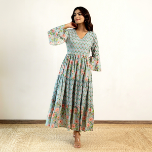 Robe maxi en coton imprimé vert pour femmes - Product Image 1