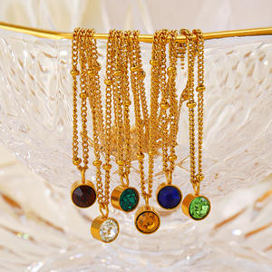 NS1350 Minimalista Pequeño Chapado en Oro Acero Inoxidable Cristal Pave Piedra Natal Amuletos Redondos Colgantes Cadena Collar Joyería - Product Image 2