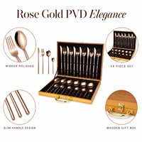 Ensemble de couverts en or rose PVD, 24 pièces, style moderne, acier inoxydable poli miroir, boîte cadeau en bois pour cadeaux