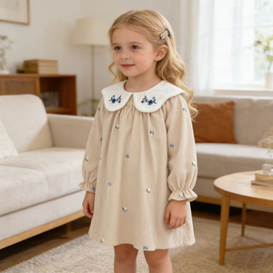 Vestito da Principessa per Bambina con Fiocco Ricamato Beige 0-6 Anni Abito a Maniche Lunghe per Neonata Abbigliamento per Bambine - Product Image 1