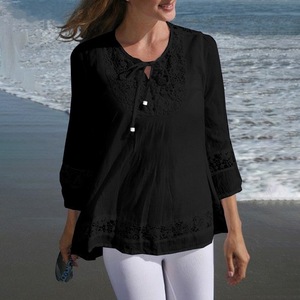 Camiseta mujer primavera otoño algodón Lino empalme encaje temperamento 3/4 manga suelta Top camiseta ropa de mujer - Product Image 4