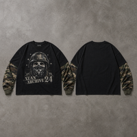 Sweat-shirt pour homme en coton lourd 100% avec imprimé graphique vintage de crâne, style streetwear Y2K, patchwork camouflage, manches à double couche