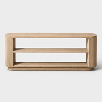 Table basse console en bois massif robuste avec surfaces à rainures verticales, coins arrondis et bordures courbes pour la décoration du salon de villa